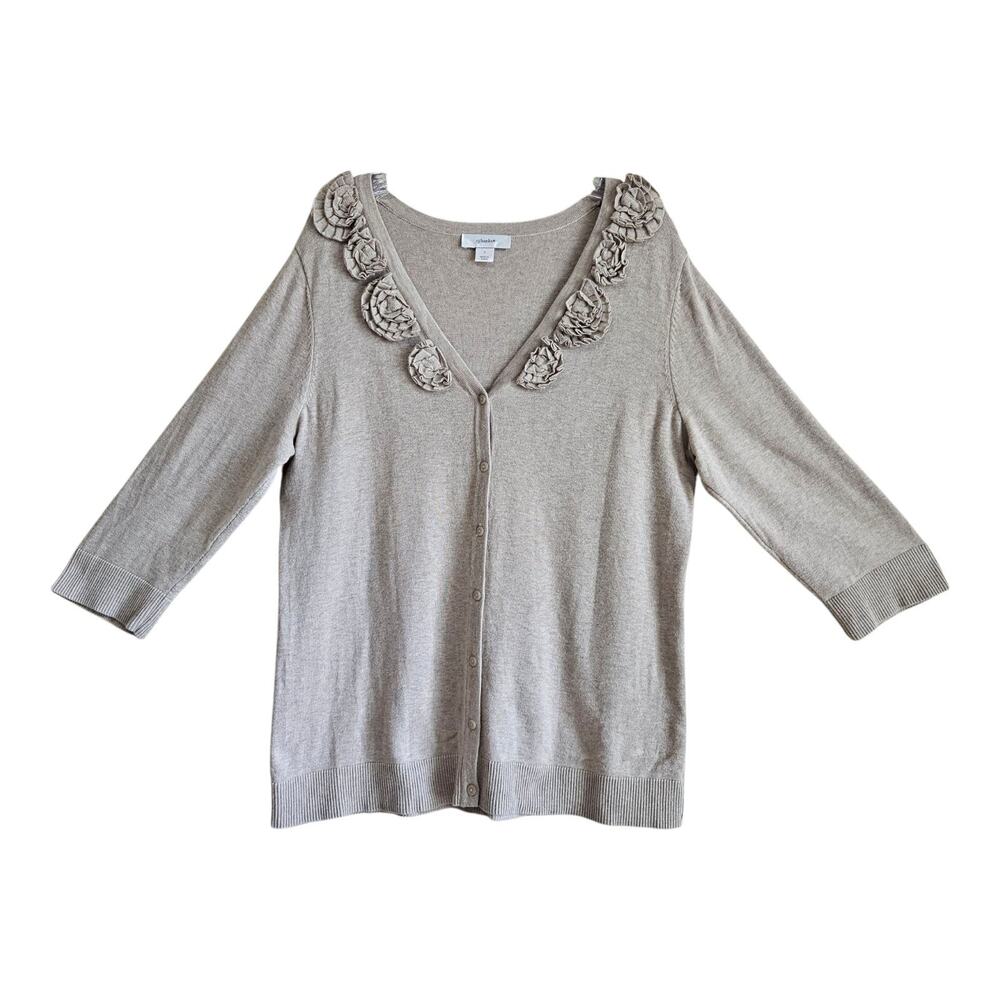 CJ BANKS Women's 14 X Cardigan Sweater Oatmeal Beige Fabric Flowers Buttons 40"